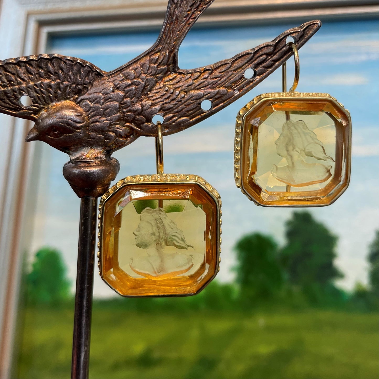 Topaz & Gold Square Intaglio Earrings