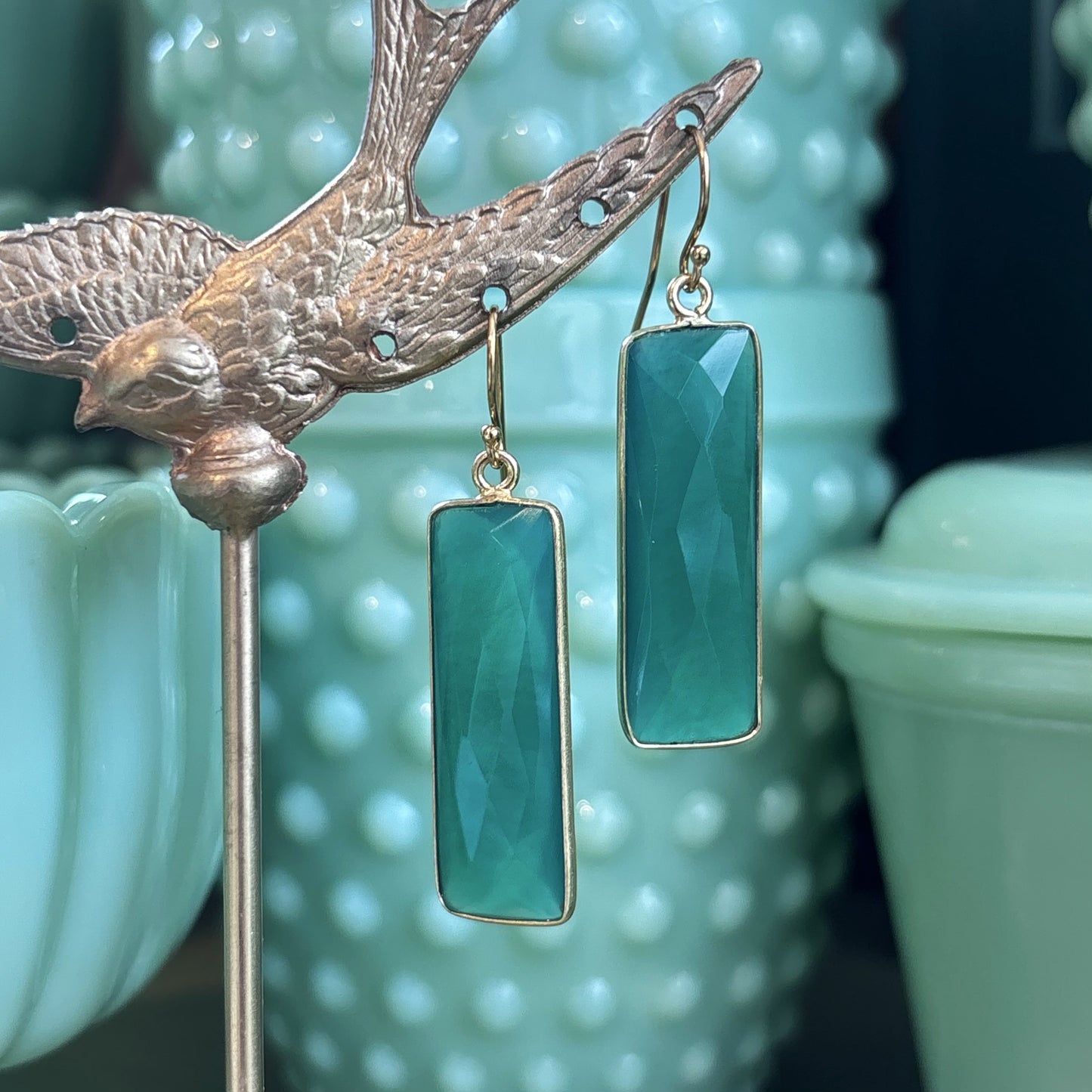Rectangular Green Chalcedony Drop Earrings