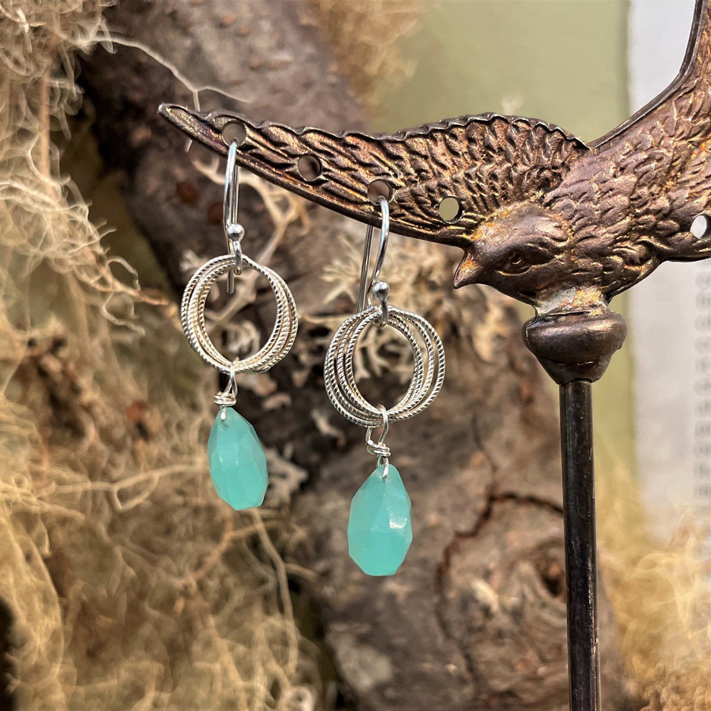 Silver Hoops w Aqua Briolette Ear