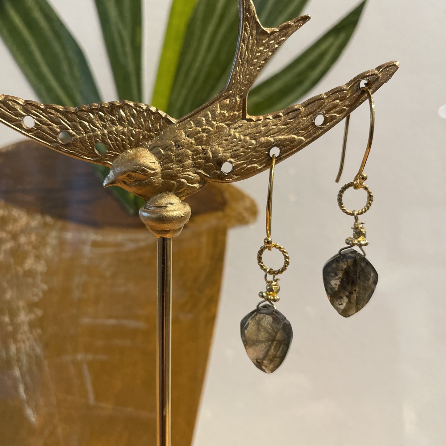 Labradorite Shield Dangle Earrings, Gold