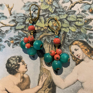 Turquoise Coral and Brass Earrings