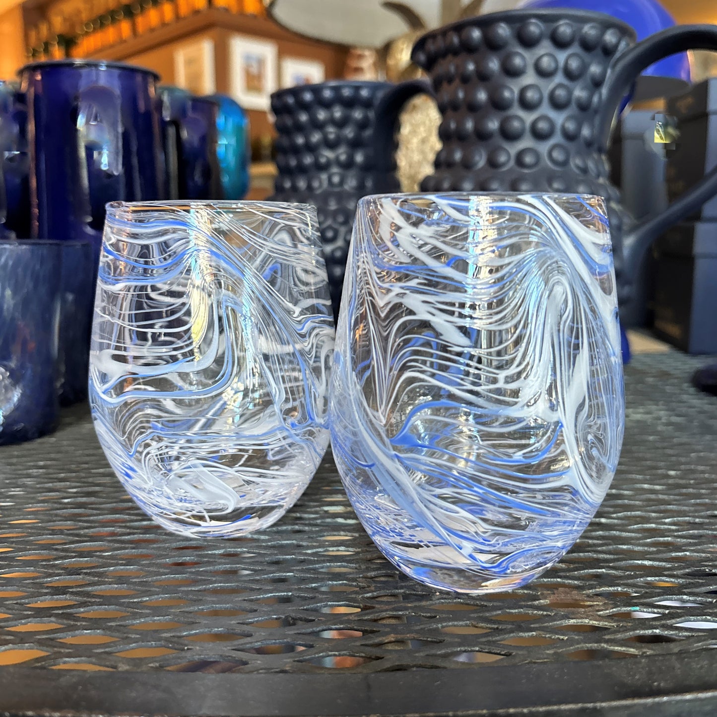 Blue Marbled Stemless Wine Glass