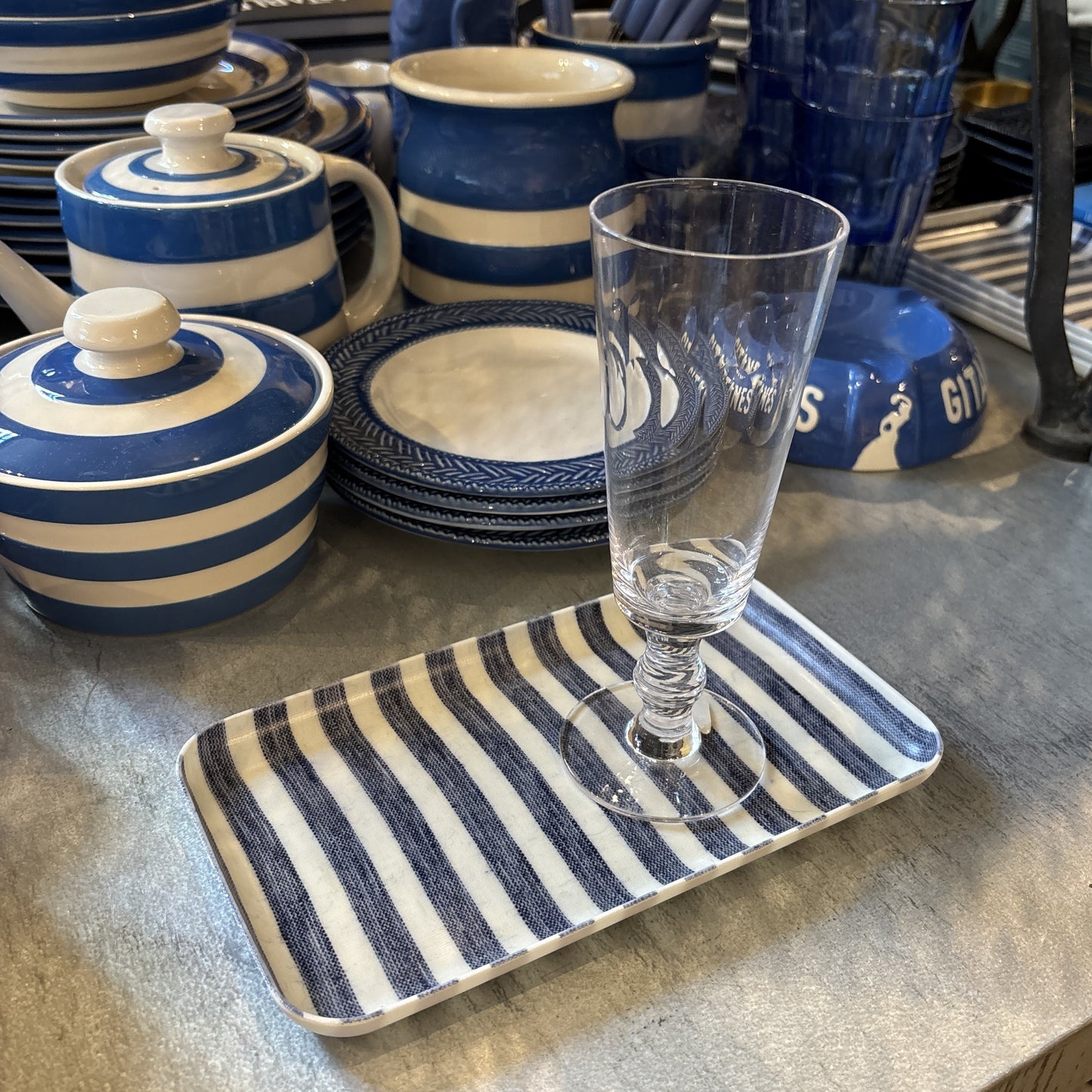White Blue Stripe Small Linen Tray