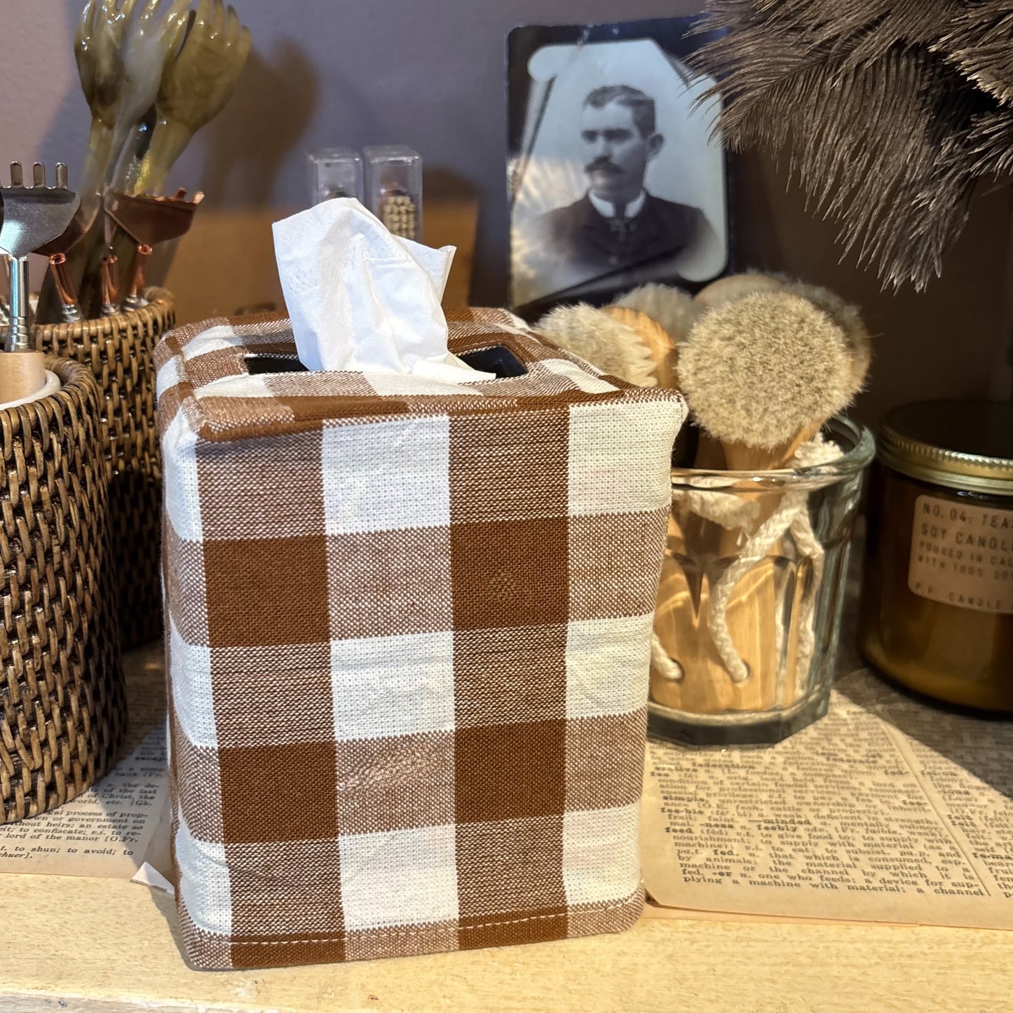 Nutmeg Gingham Tissue Box Cover