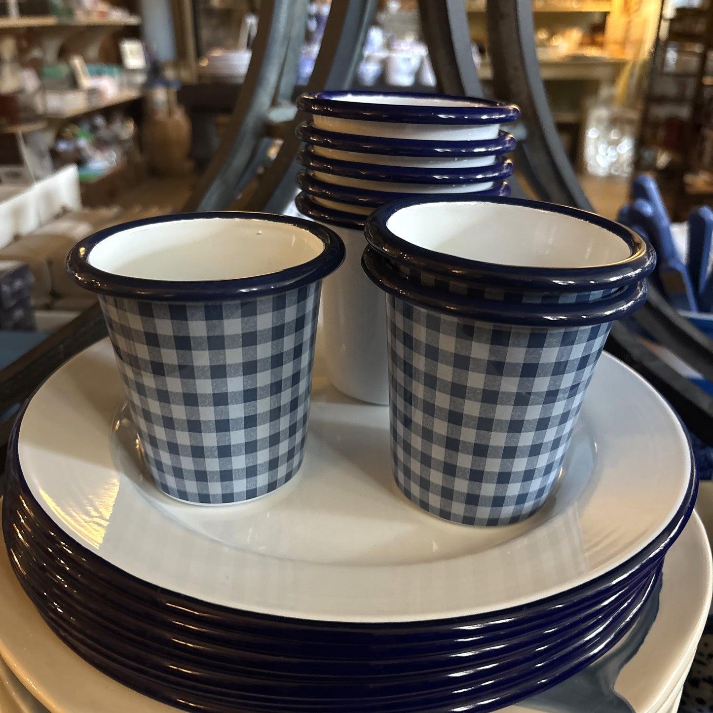 Blue Gingham Enamel Tumbler