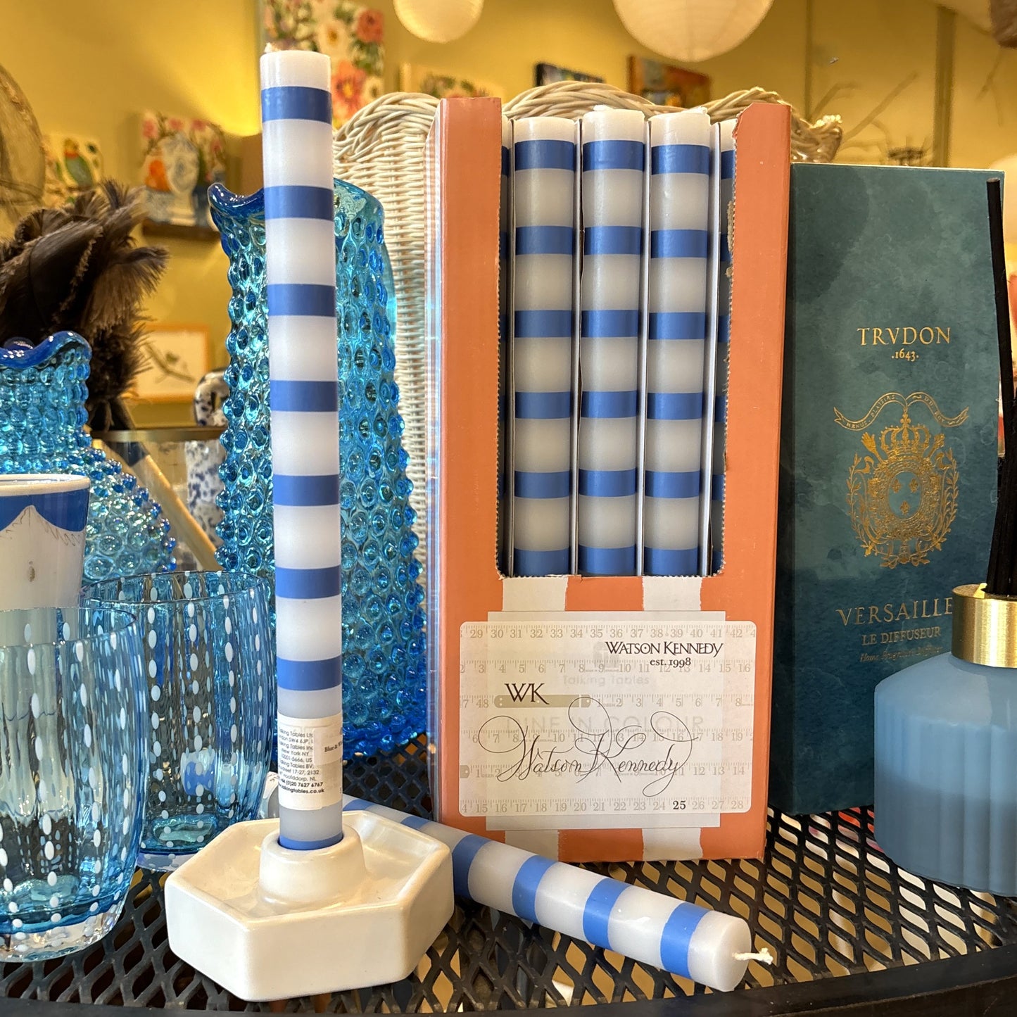 Blue & White Stripe Taper Dinner Candles