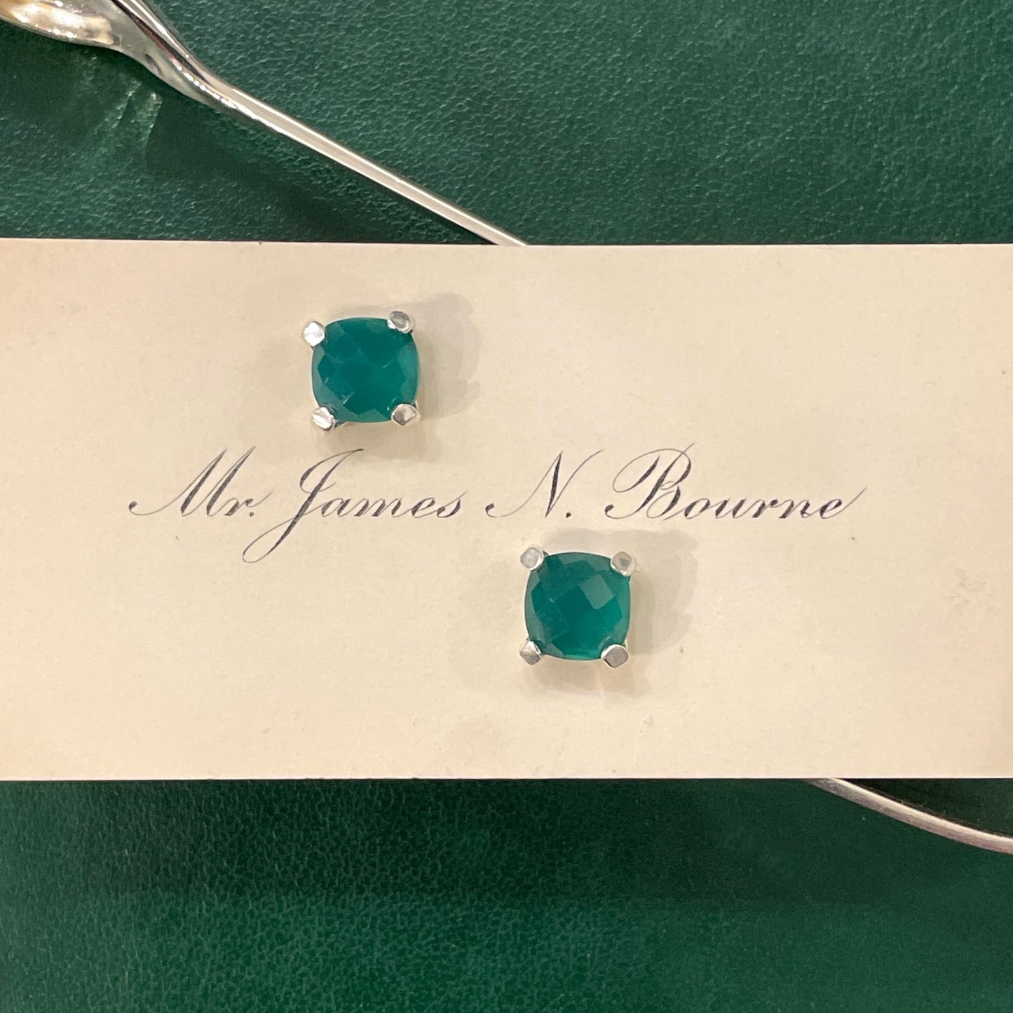 Small Four Prong Earrings, Green Chalcedony