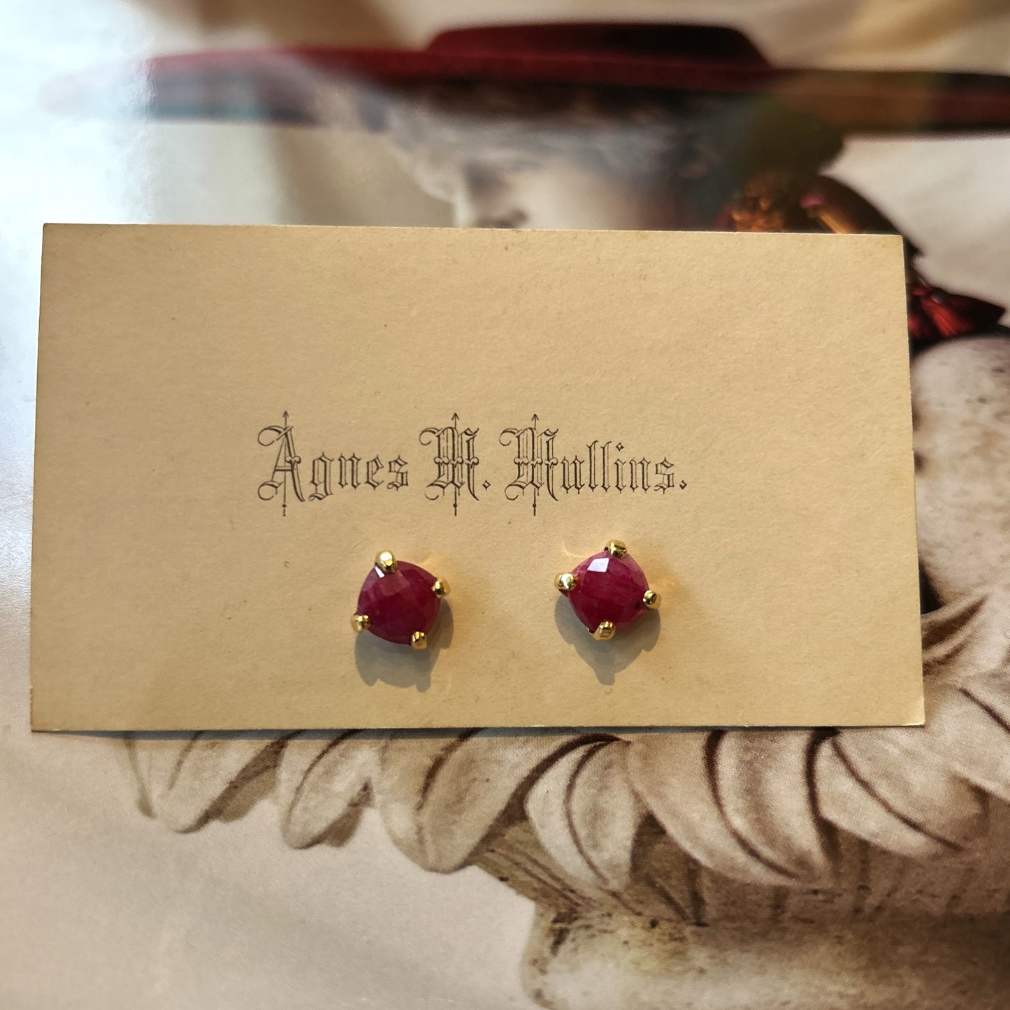 Small Four Prong Earrings, Ruby