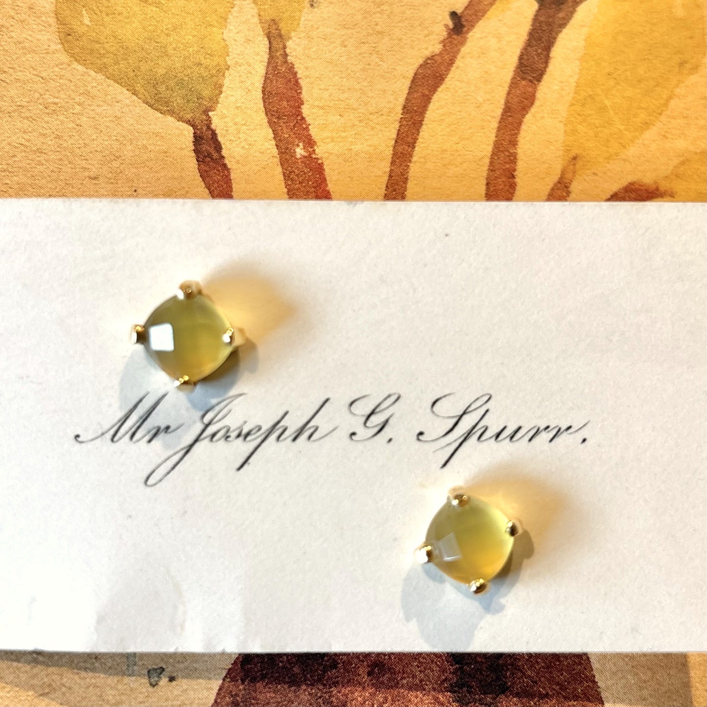 Small Four Prong Earrings, Yellow Chalcedony