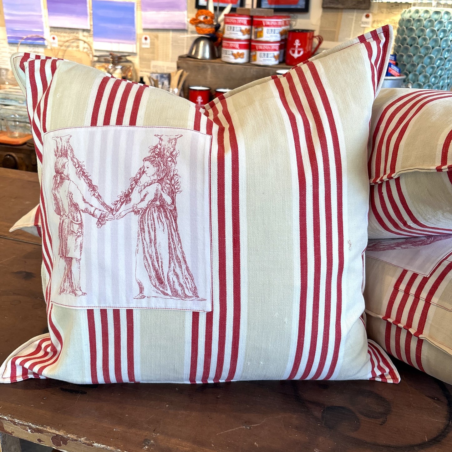 Striped Pillow Toile Square "M" on Vintage French Cloth
