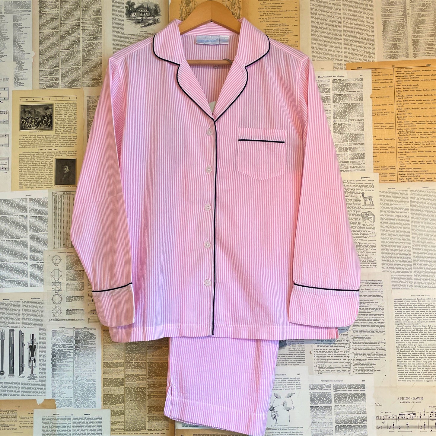 Pink Seersucker Navy Pajama Set, Medium