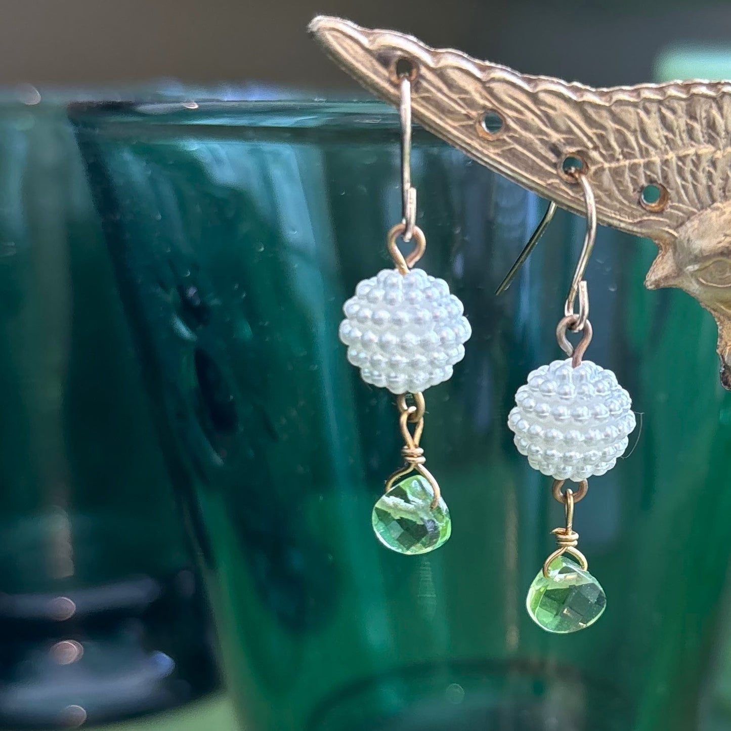 Pearl Cluster Ball With Emerald Drop Earrings