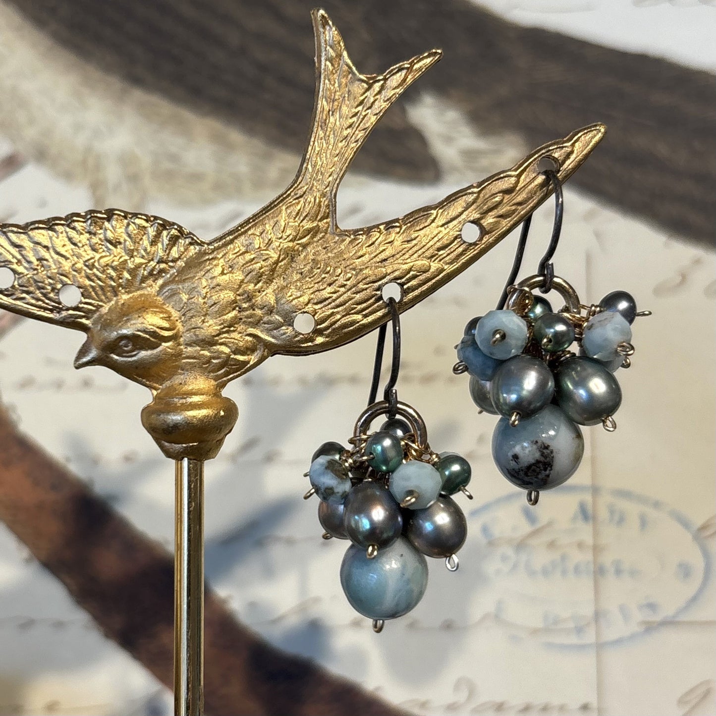 Larimar and Pearl Cluster Earrings