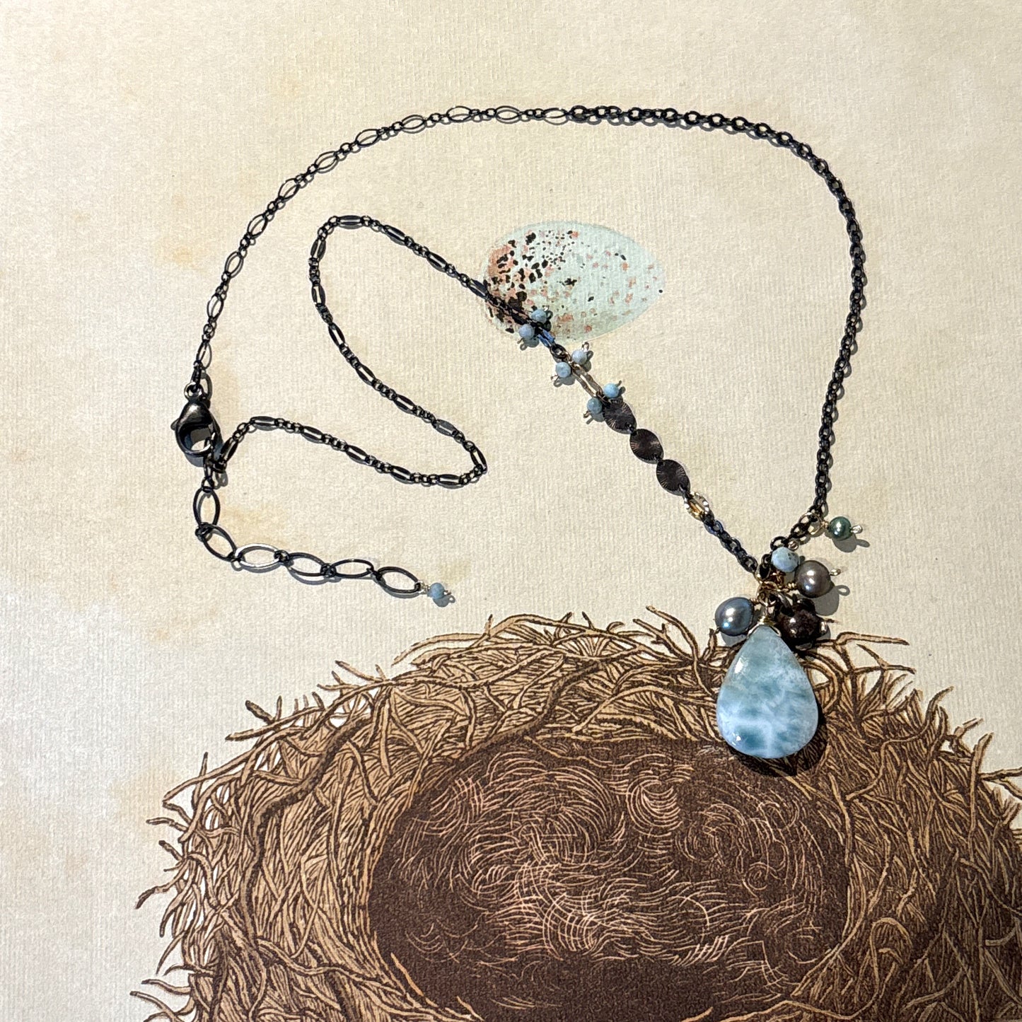 Larimar Drop with Pearl Clusters Necklace