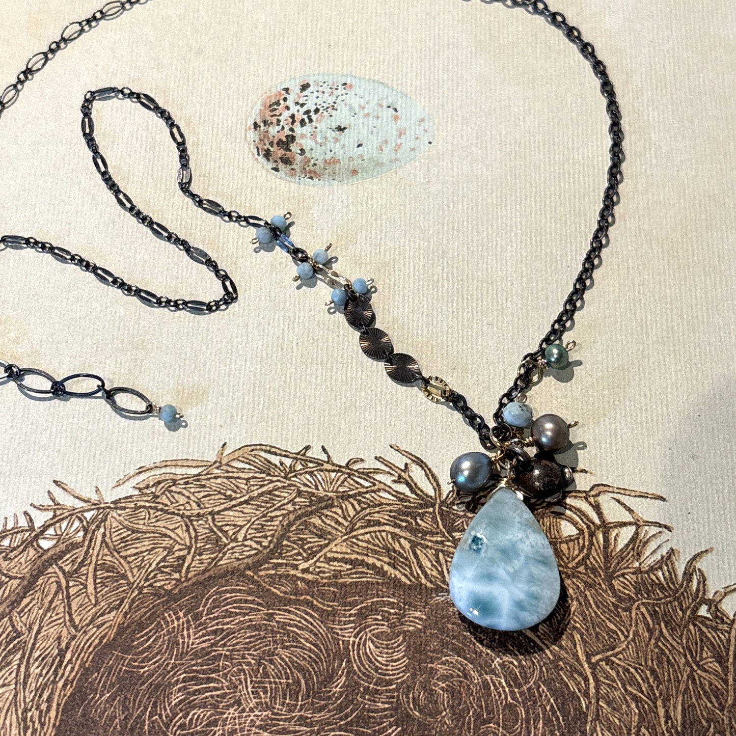Larimar Drop with Pearl Clusters Necklace