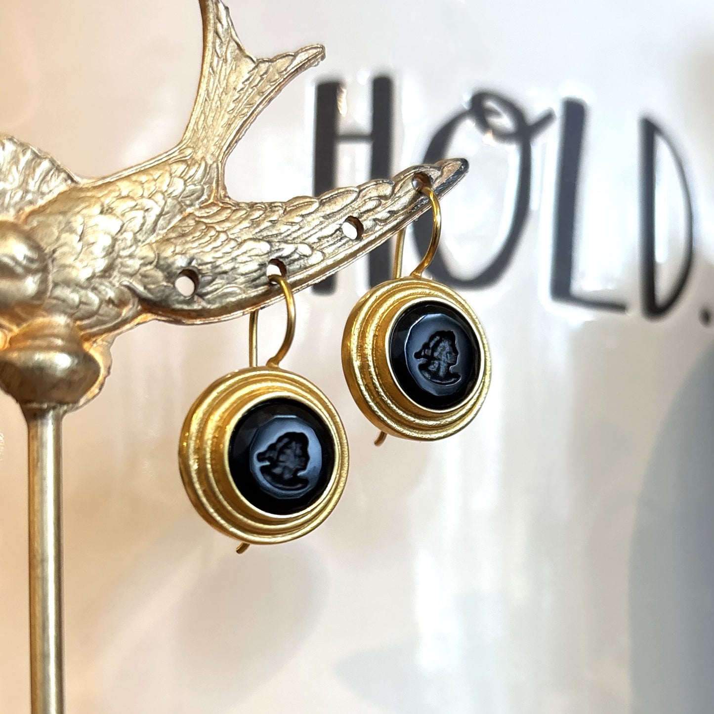 Gold & Jet Round Intaglio Earrings