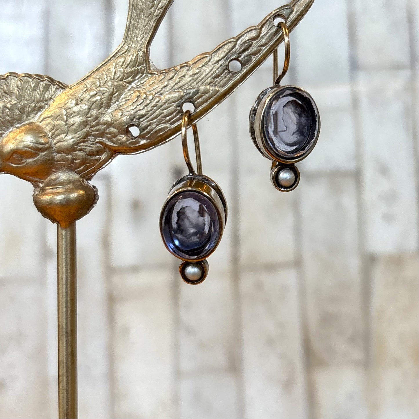 Small Blue Intaglio With Pearl Earrings
