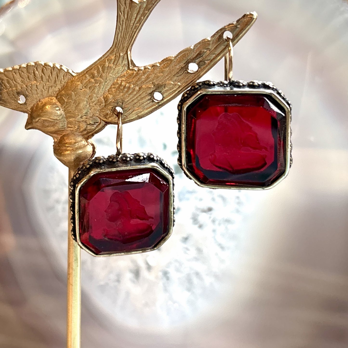 Ruby & Gold Octagon Intaglio Earrings