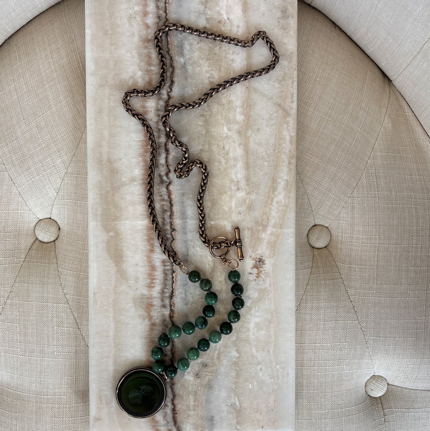 Jade Beads With Olivine Intaglio Necklace