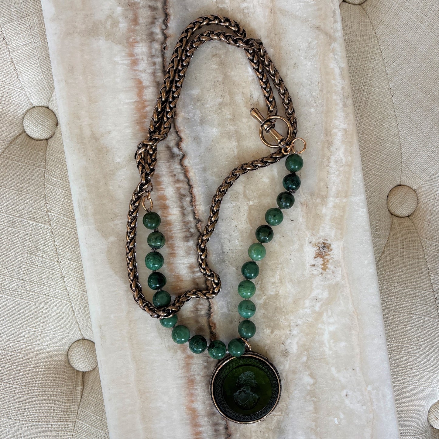 Jade Beads With Olivine Intaglio Necklace