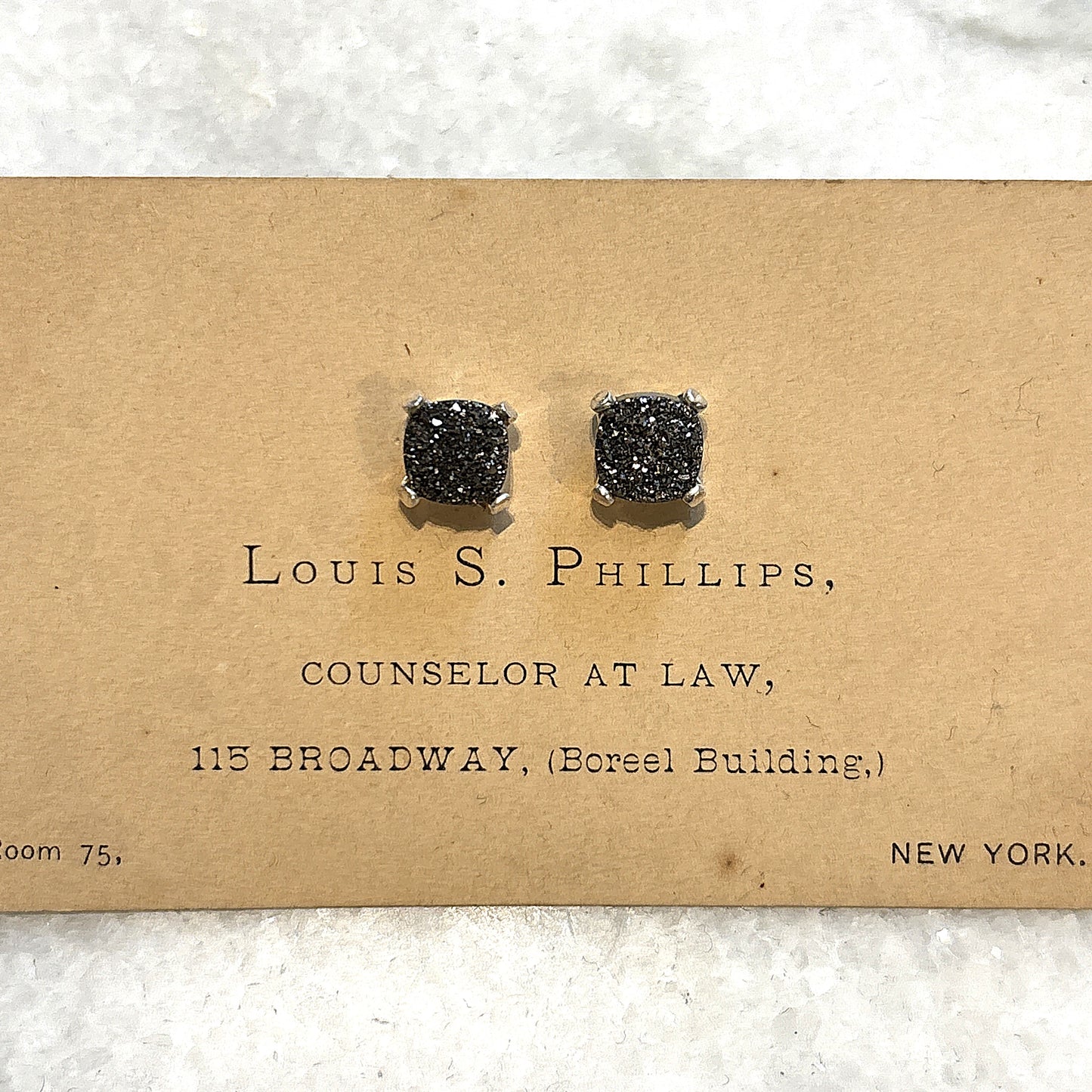 Small Four Prong Earrings, Black Druzy