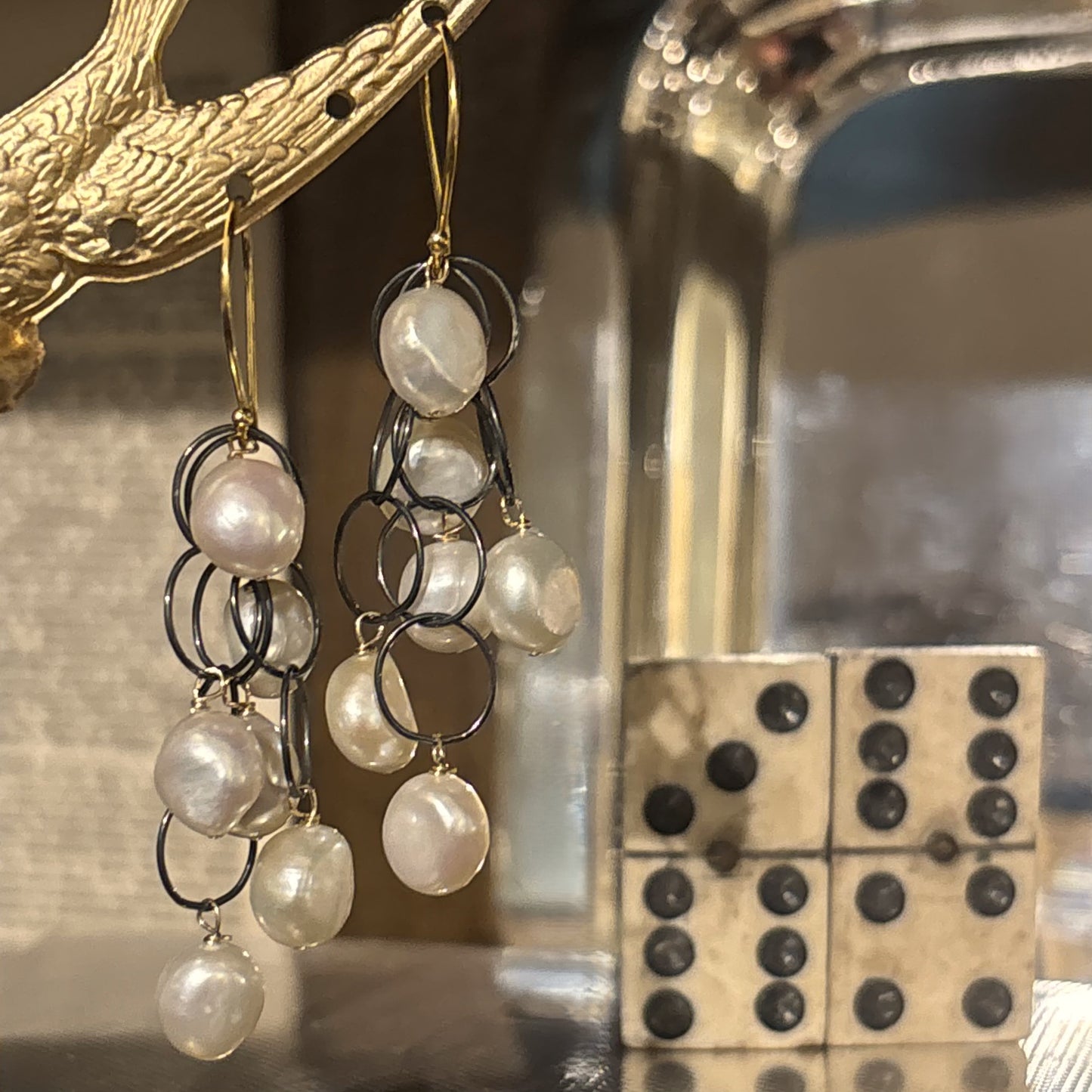 Dripping Pearls & Oxidized Silver Rings Earrings