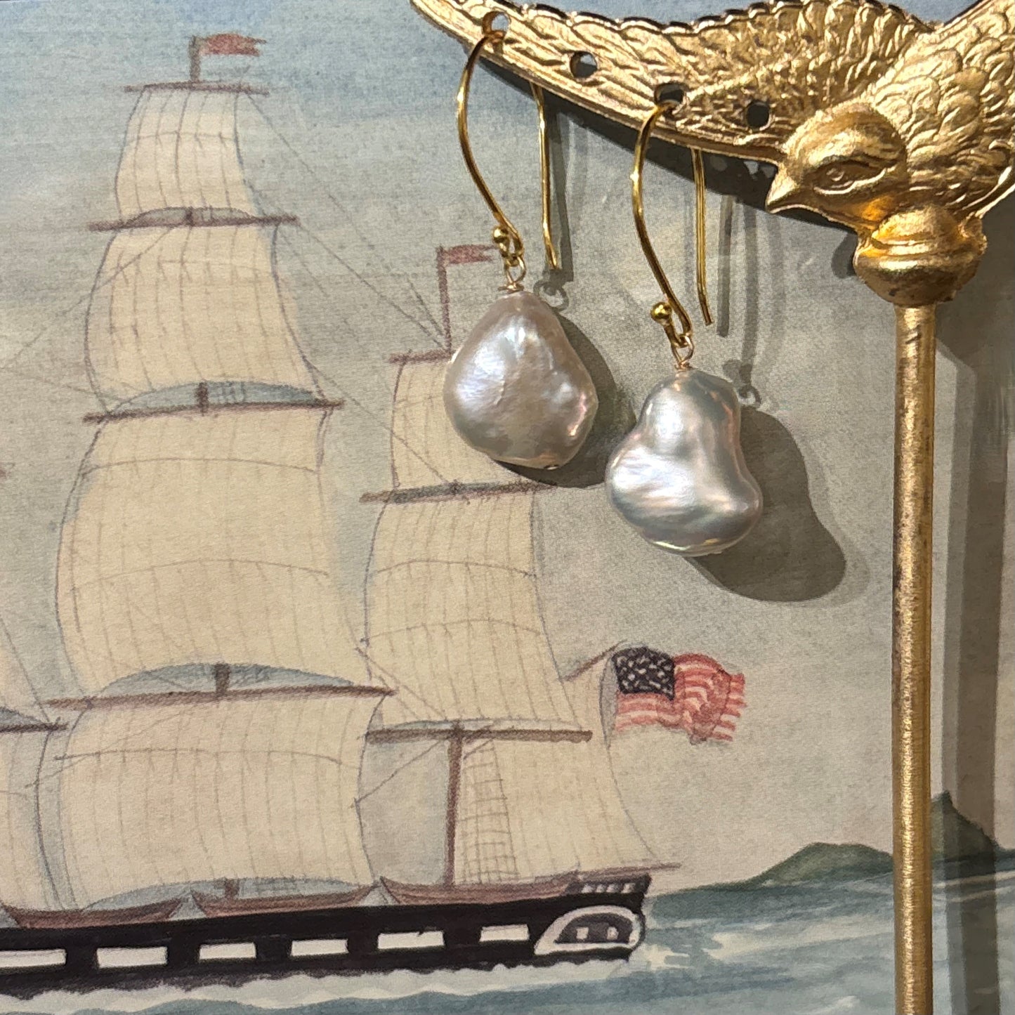 Pearl Petal on Gold Wire Earrings