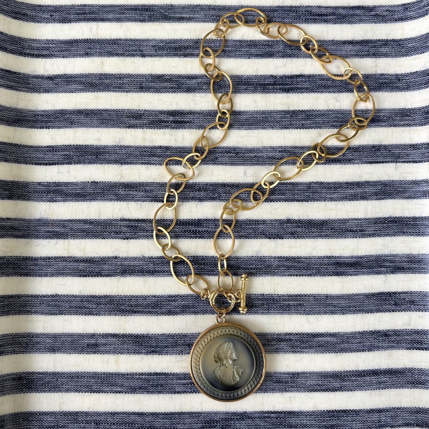Slate Glass Intaglio with Gold Chain Necklace