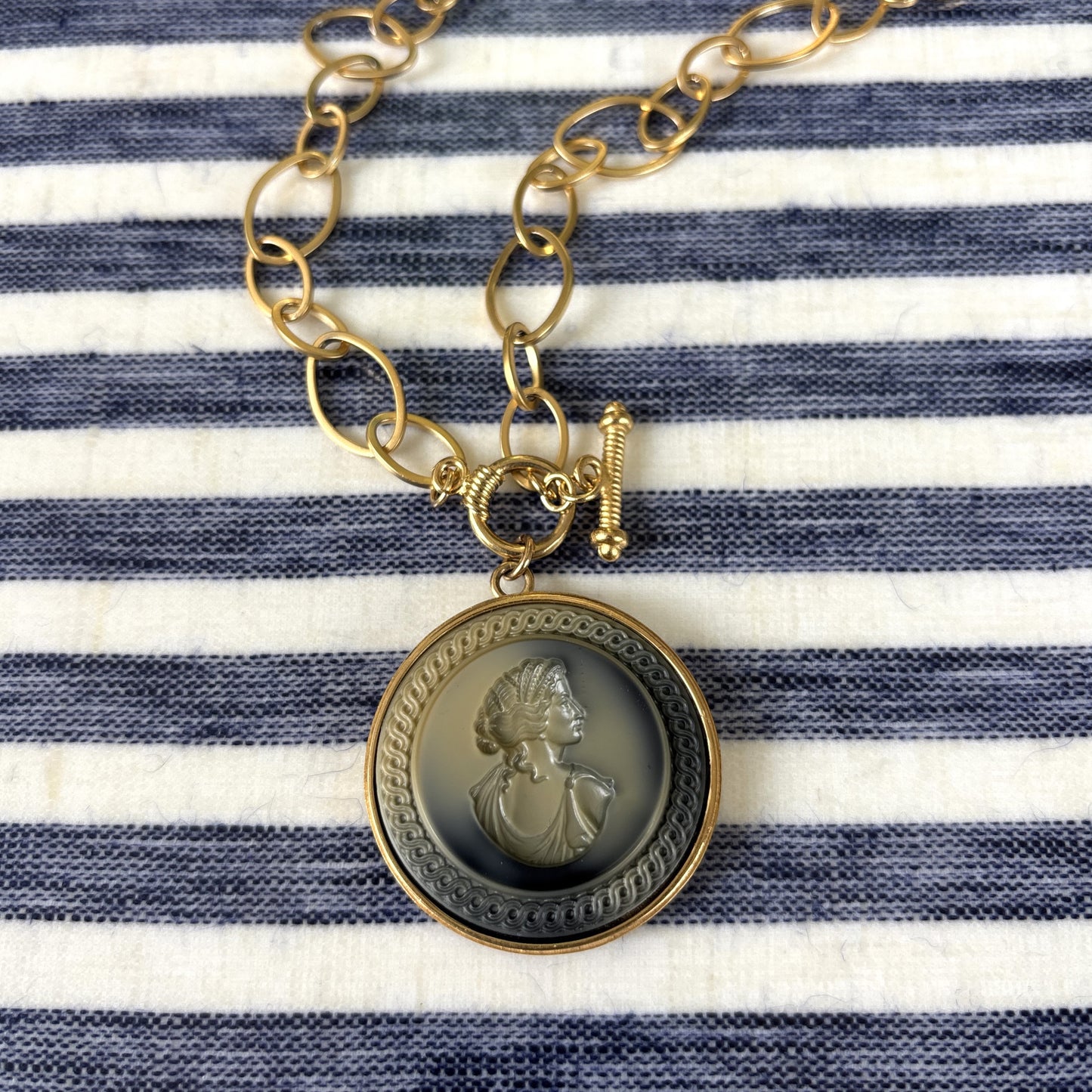 Slate Glass Intaglio with Gold Chain Necklace