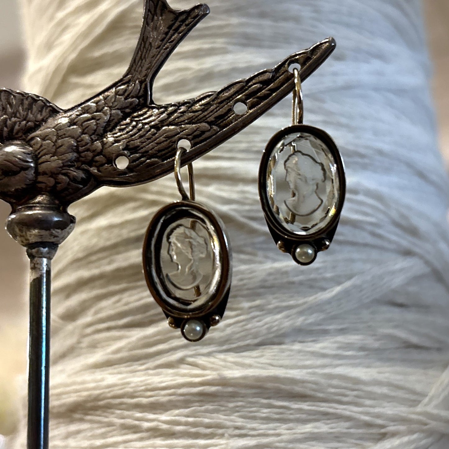 Smokey Grey Intaglio with Pearl Earrings