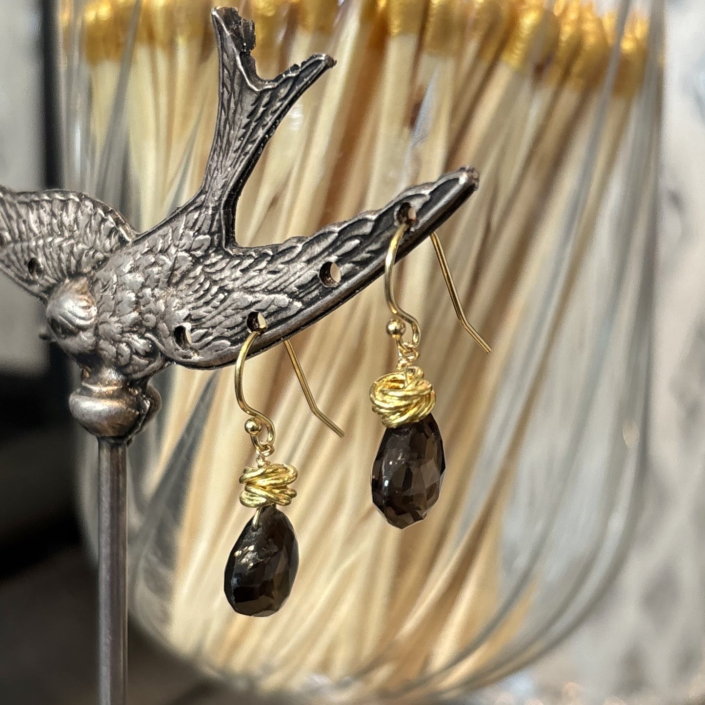 Smoky Quartz Briolette & Gold Earrings