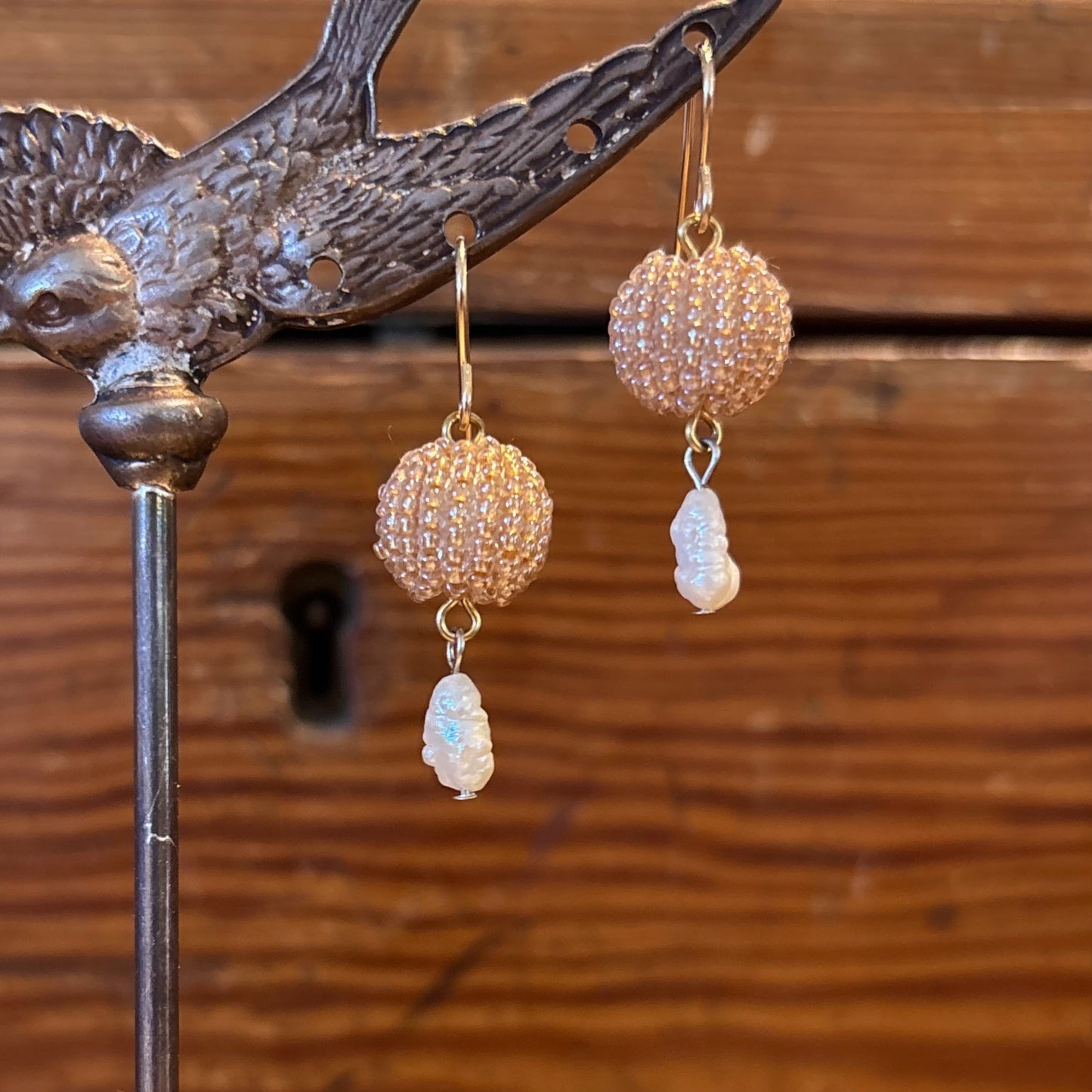 Pink Beaded Ball With Pearl Drop Earrings