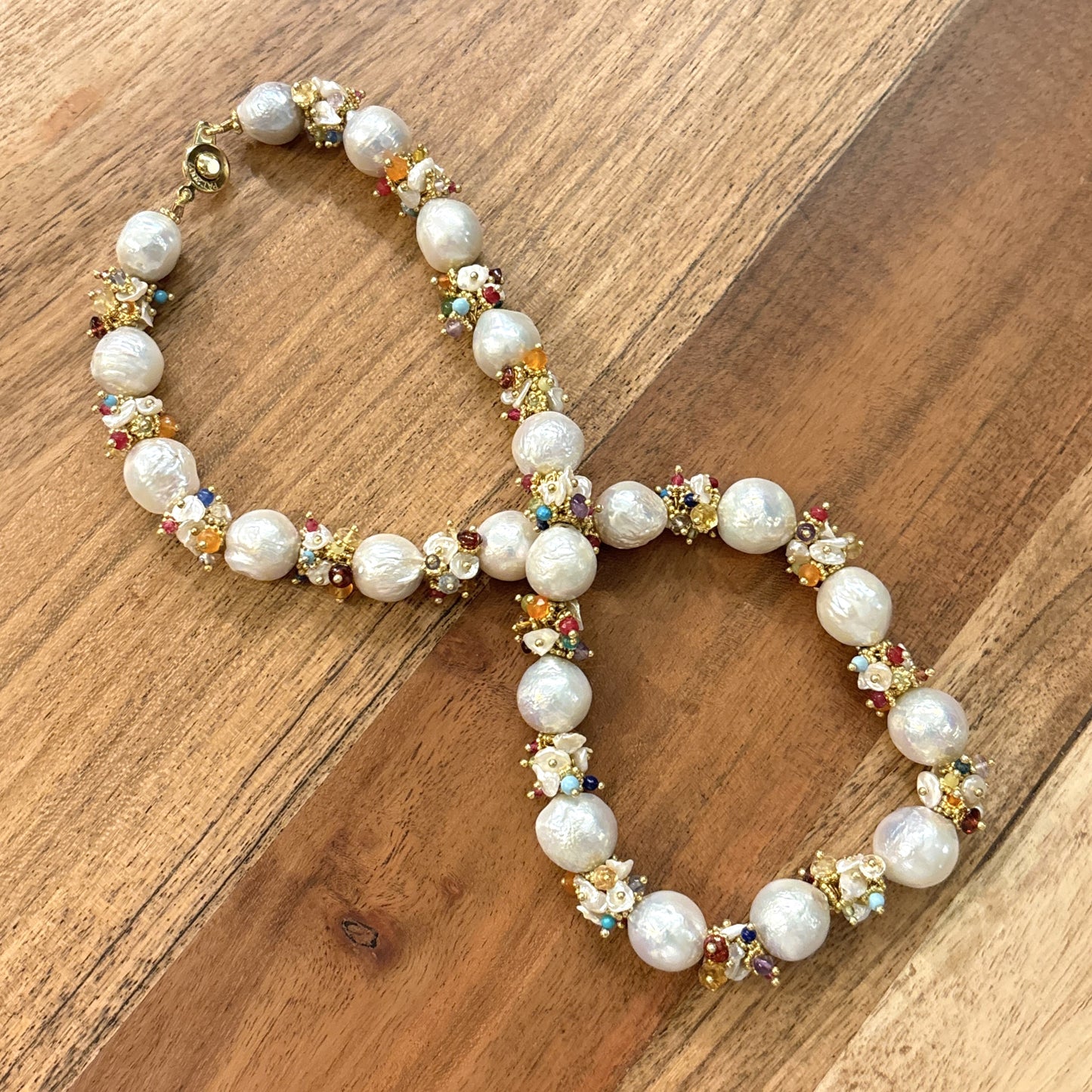 White Baroque Pearl Necklace with Rainbow Clusters