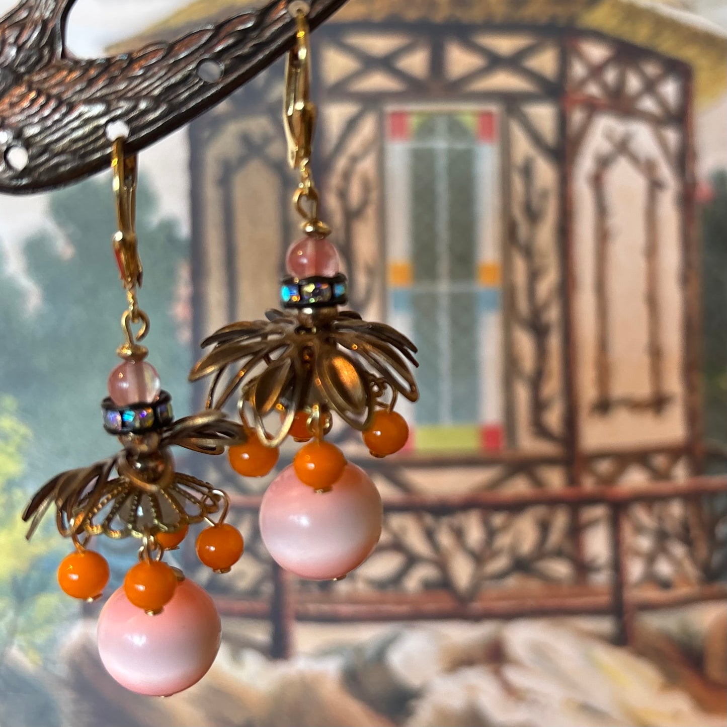 Creamsicle Chadelier with Cherry Quartz & Brass Earrings