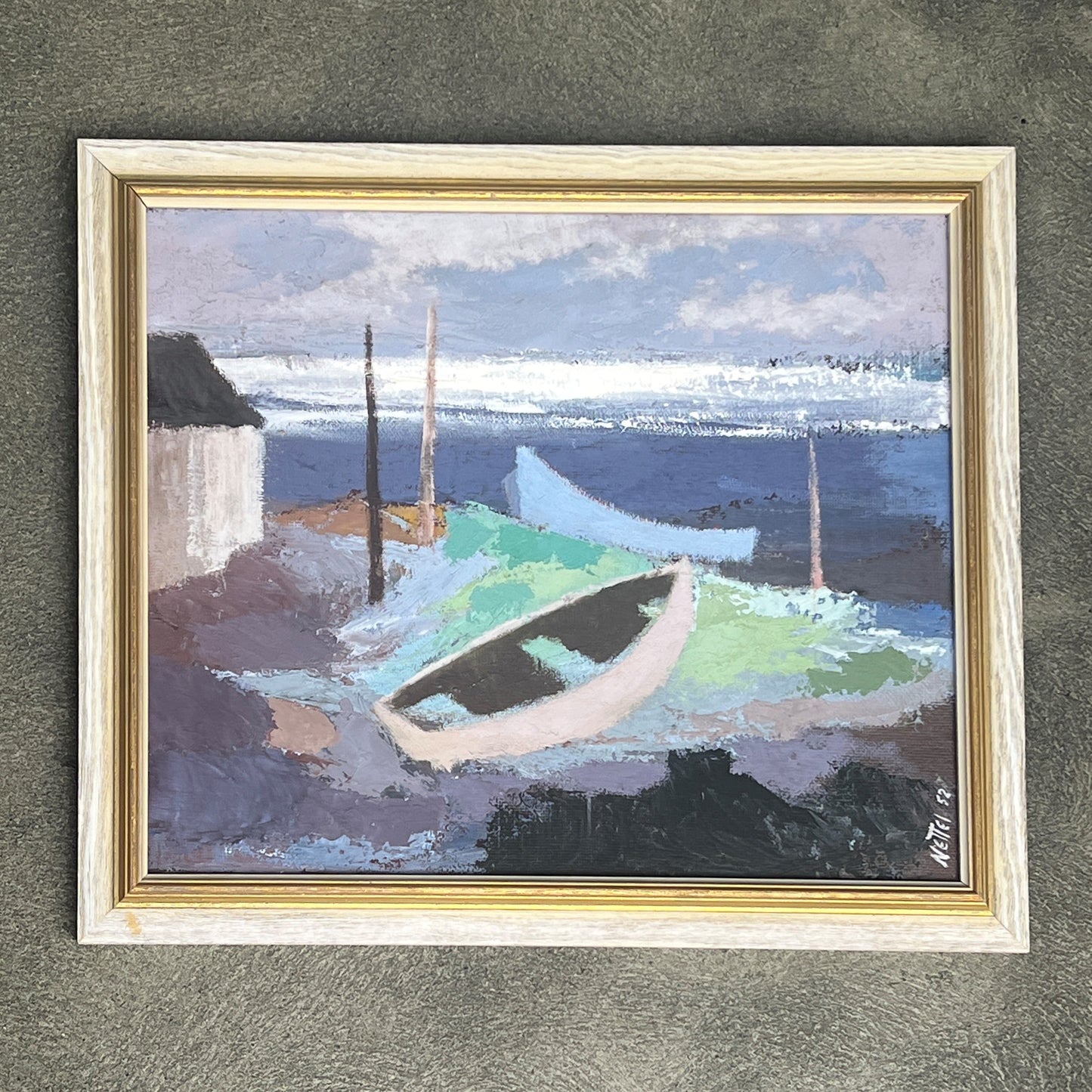 Vintage Boats Resting on Shore Oil Painting