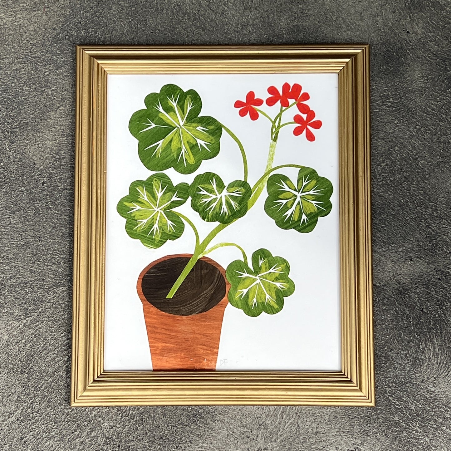 Red Geranium in Clay Pot with Vintage Frame No. 02 by Denise Fiedler