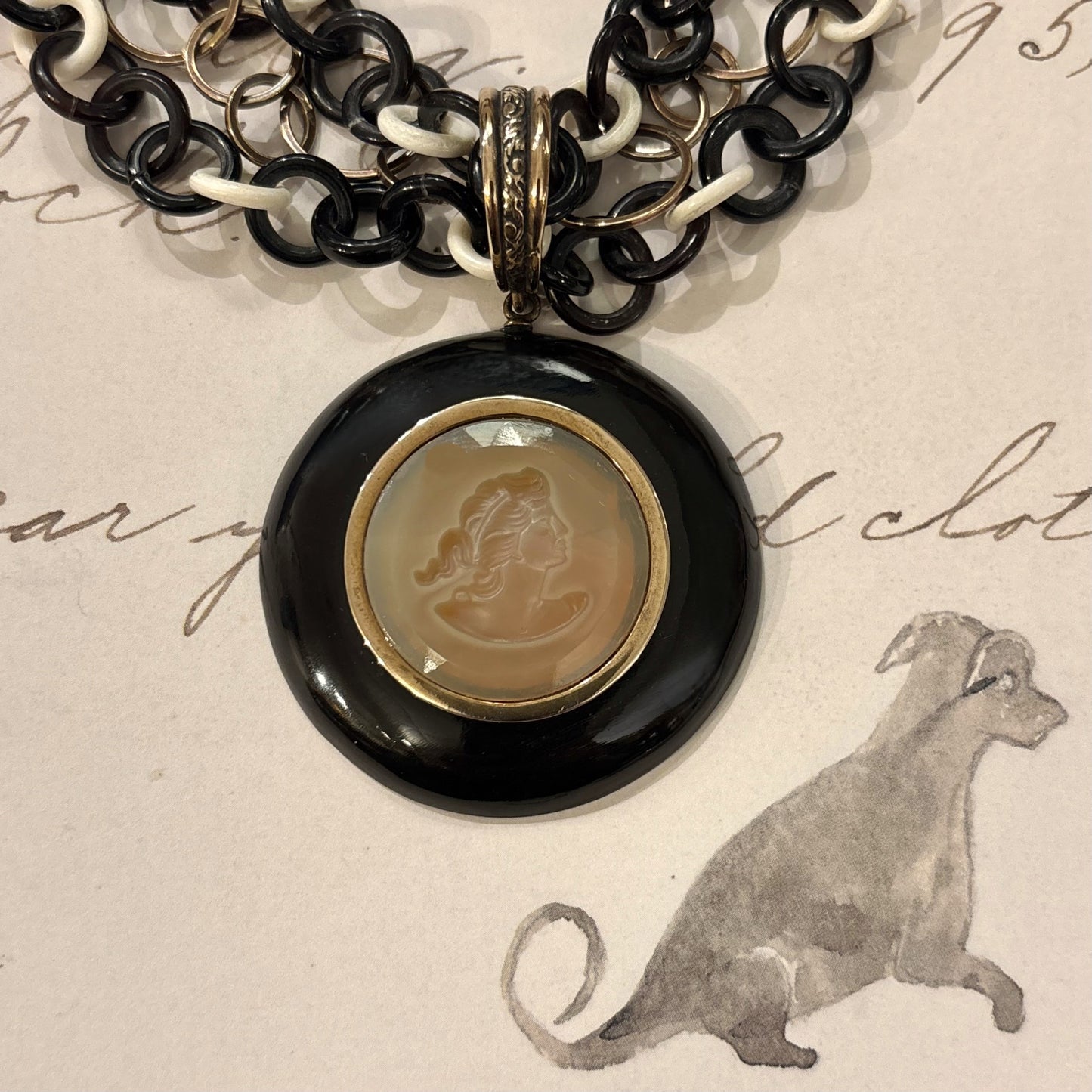 Black & Butterscotch Intaglio with Black Horn Chain Necklace