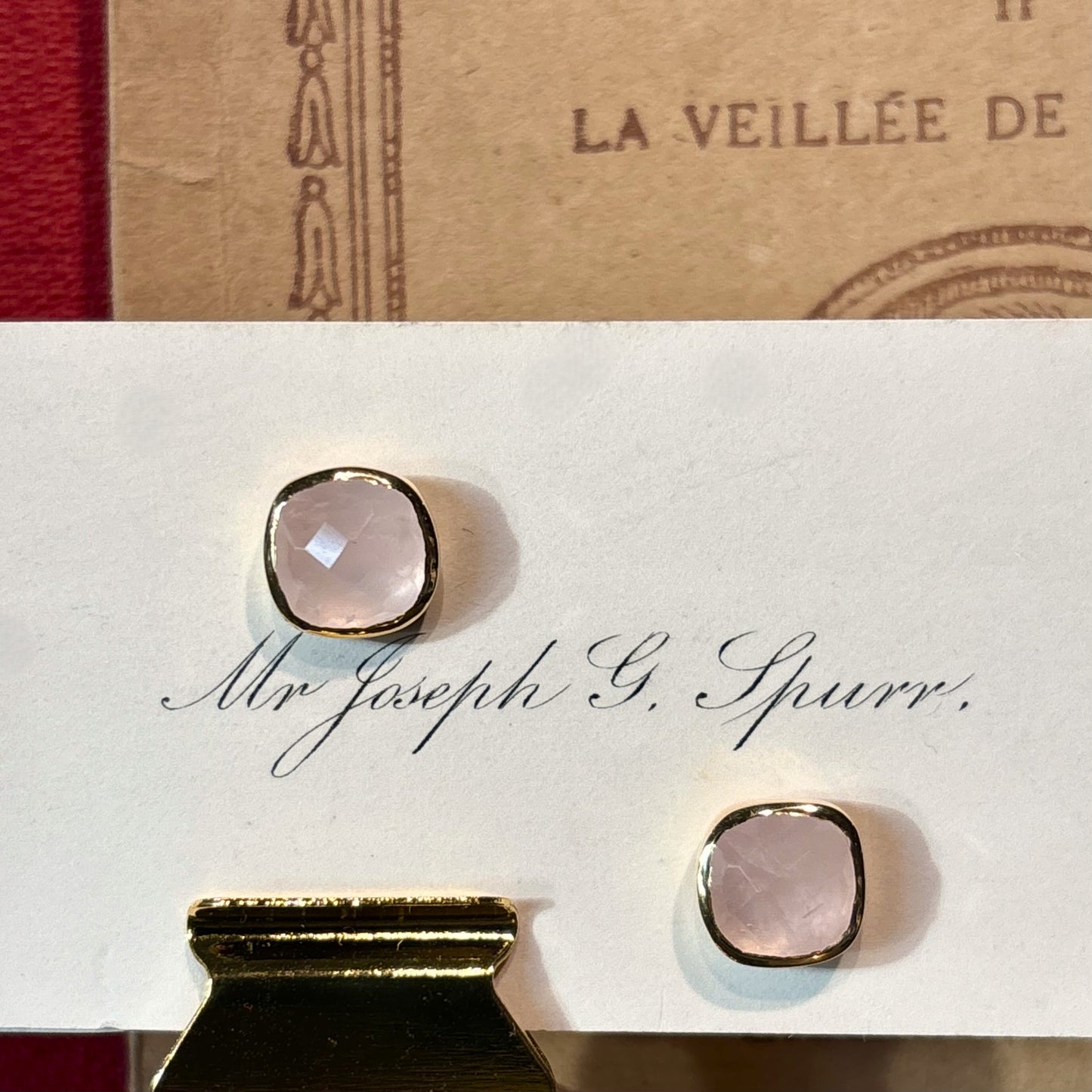 Square Rose Quartz Stud Earrings, Gold Post