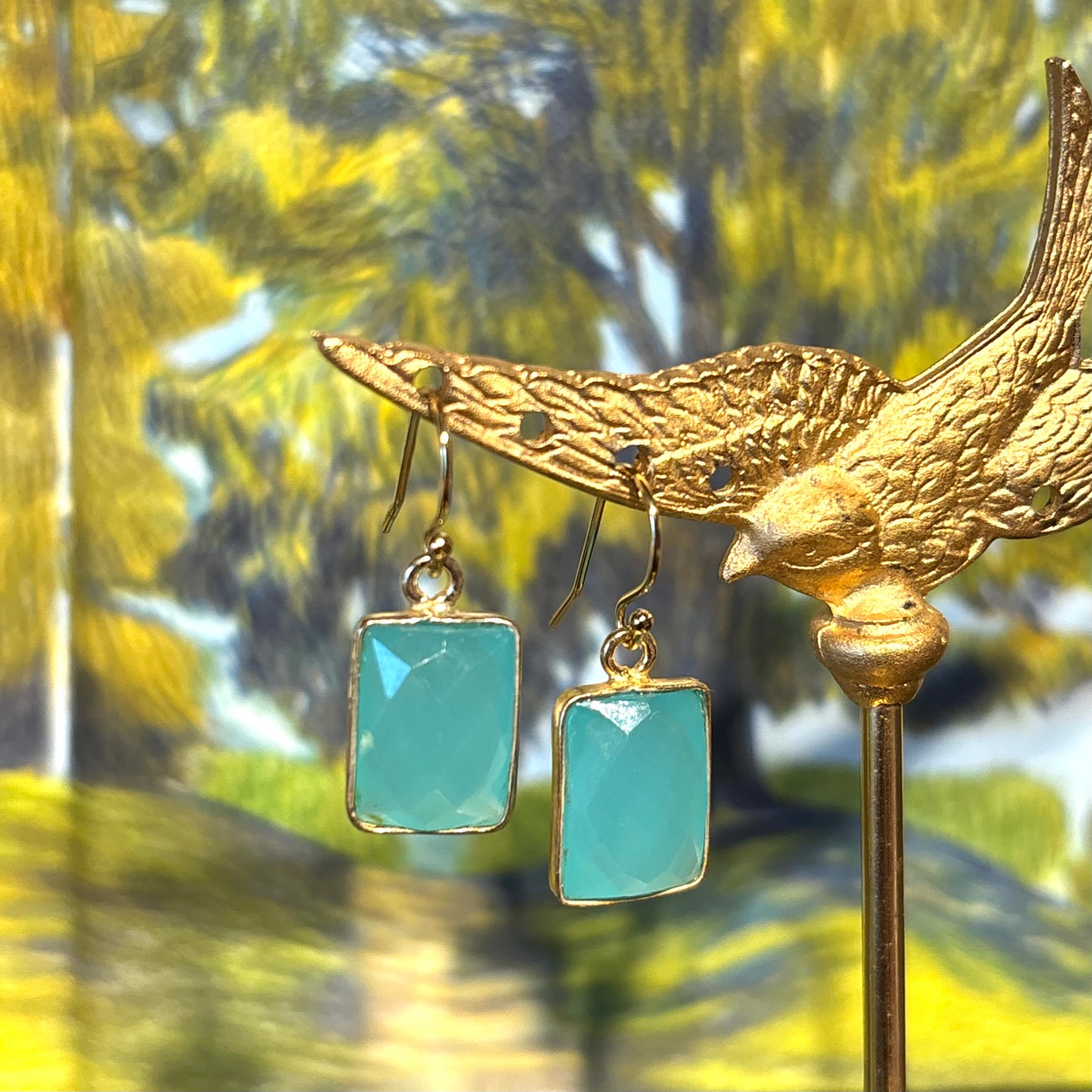 Short Rectangular Aqua Chalcedony Earrings