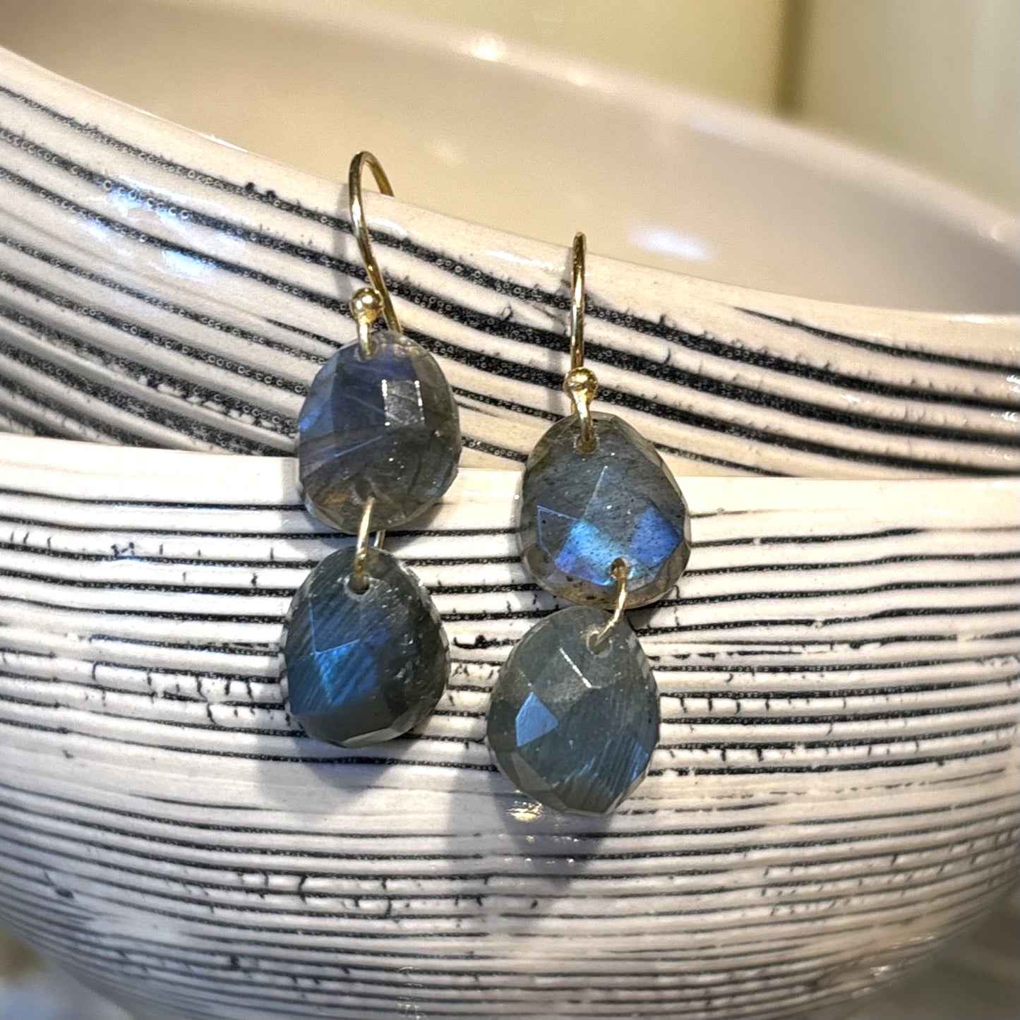 Double Drop Hand Cut Labradorite Earrings