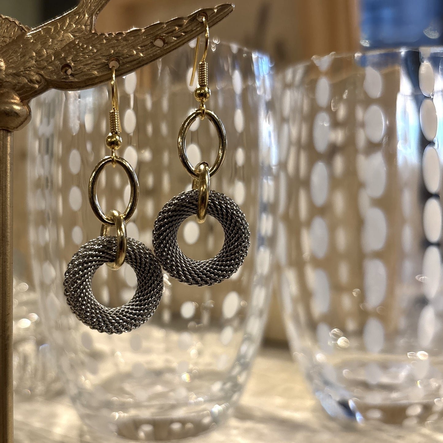 Mesh Circle Drop Earrings, Rhodium