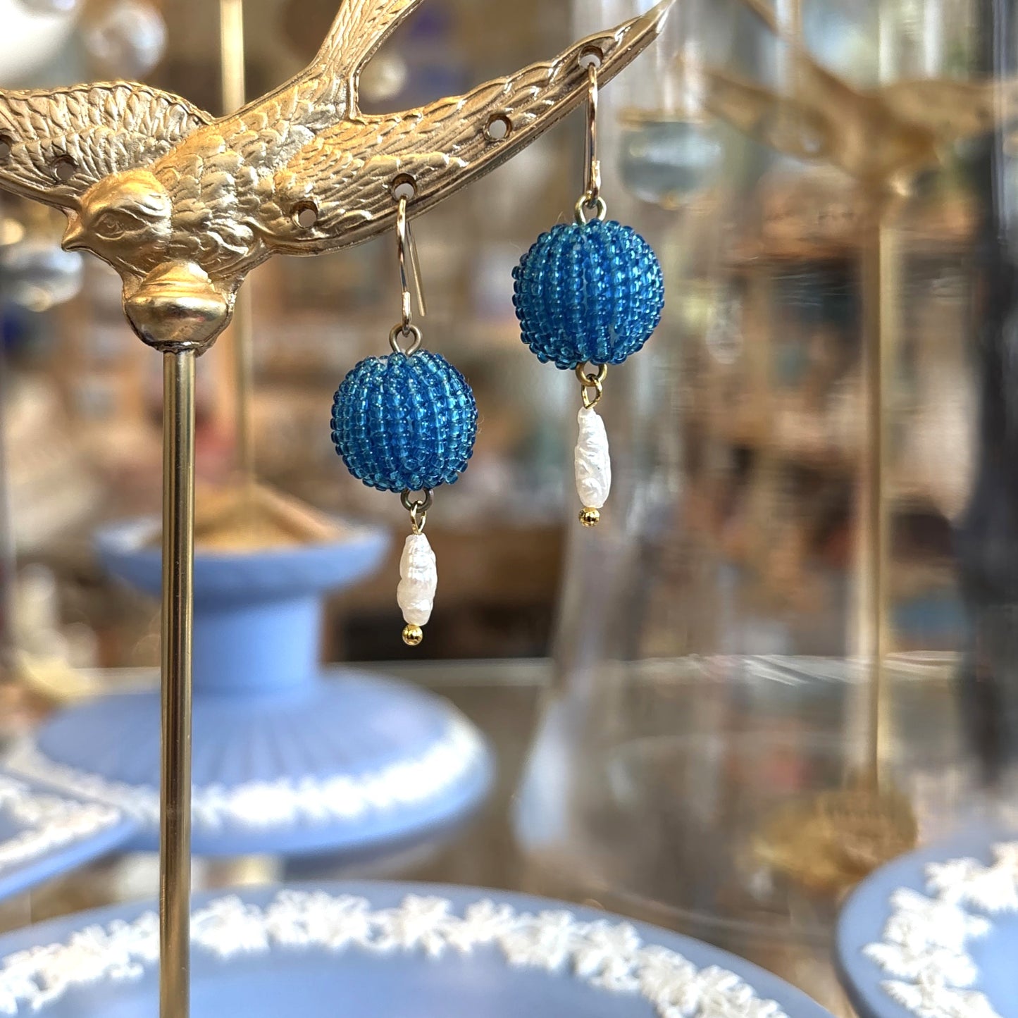 Blue Beaded Ball With Pearl Drop Earrings