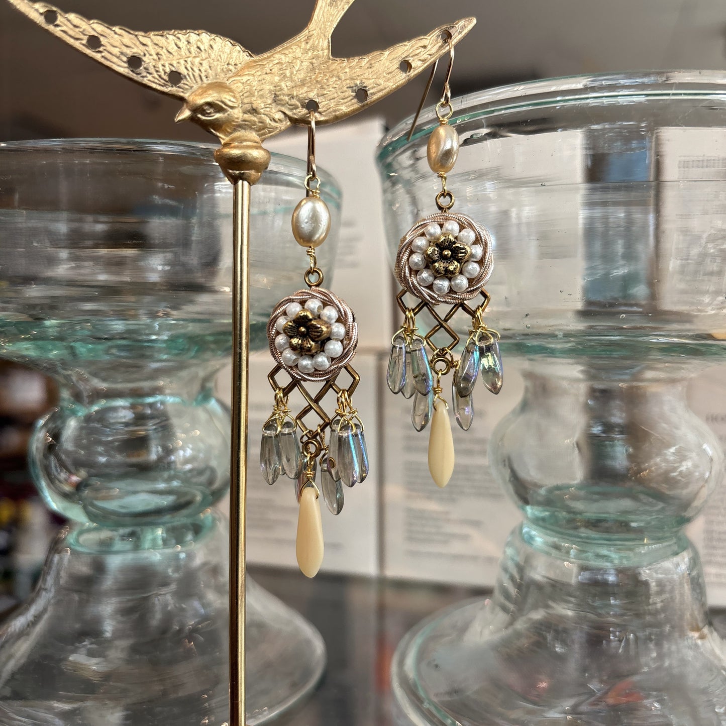 Pearl Rosette & Dagger Beads Chandelier Earrings