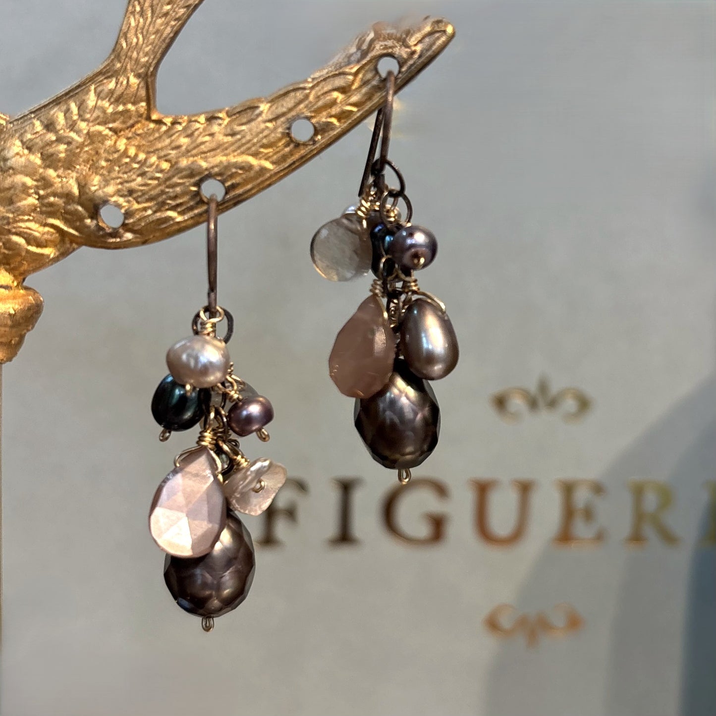 Faceted Pearl & Chocolate Moonstone Cluster Earrings