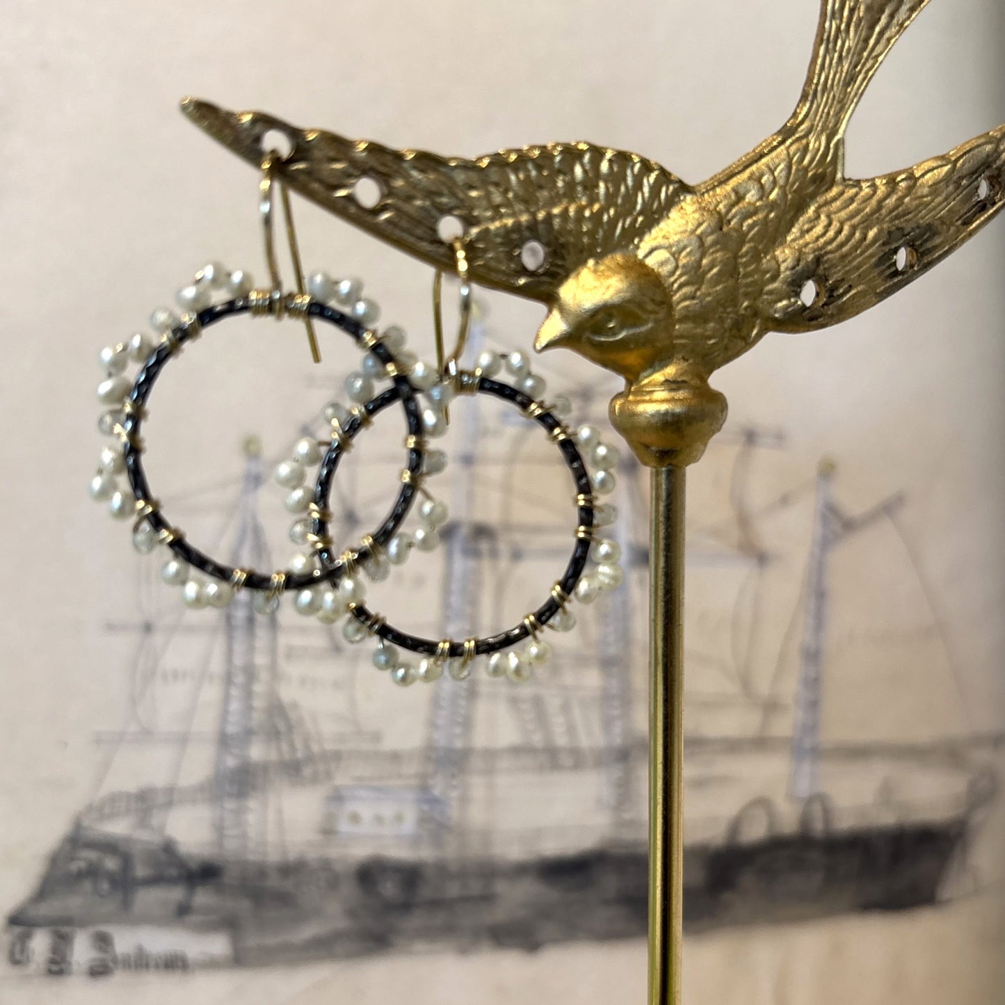 Oxidized Silver Hoops with Pearls & Quartz Earrings