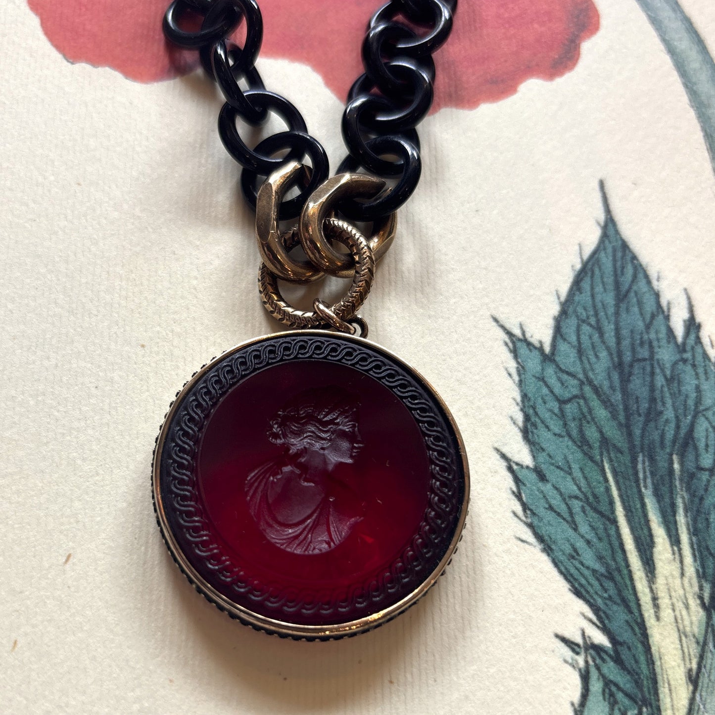 Deep Red Intaglio with Horn Chain Necklace