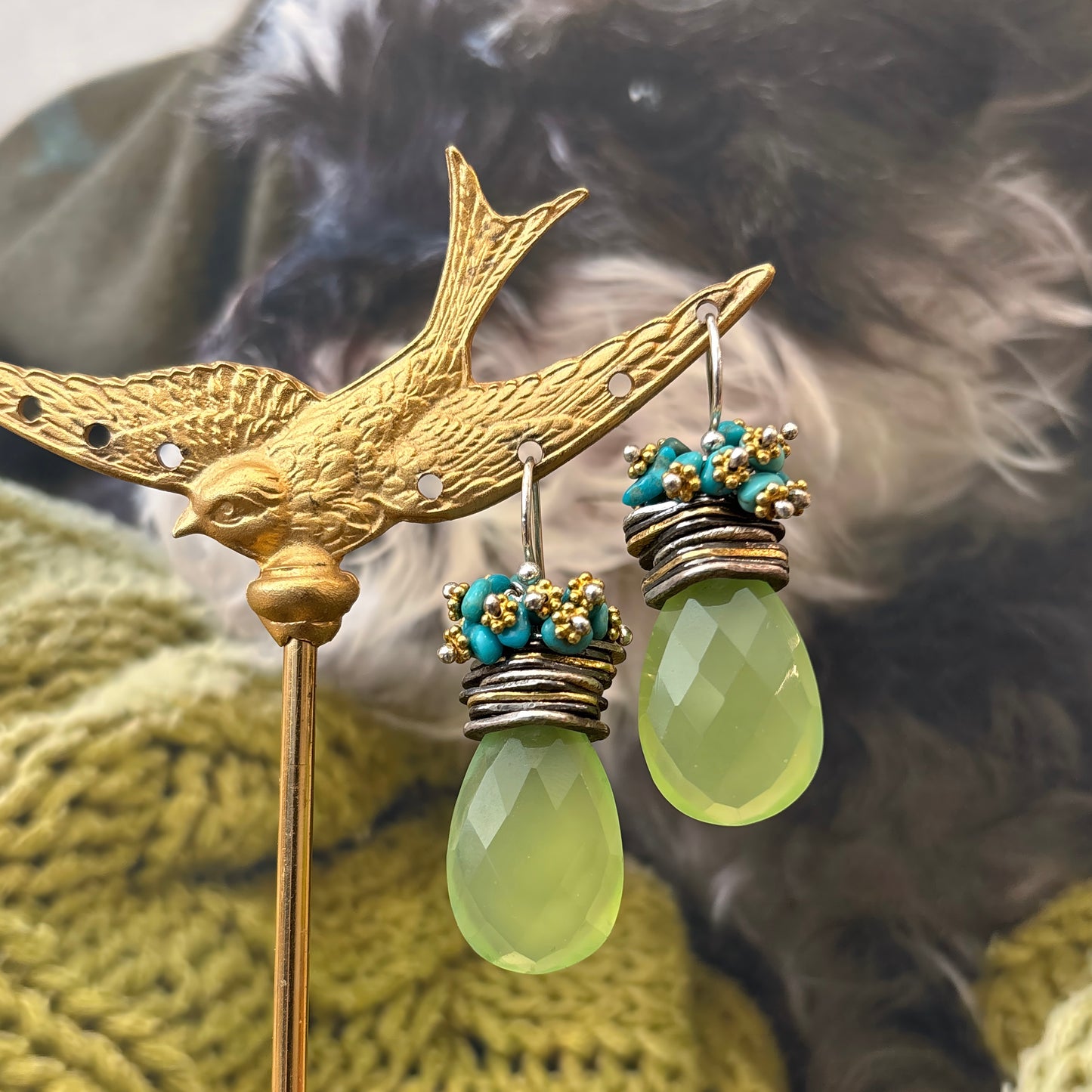 Green Chalcedony Drop with Turquoise Cluster Earrings