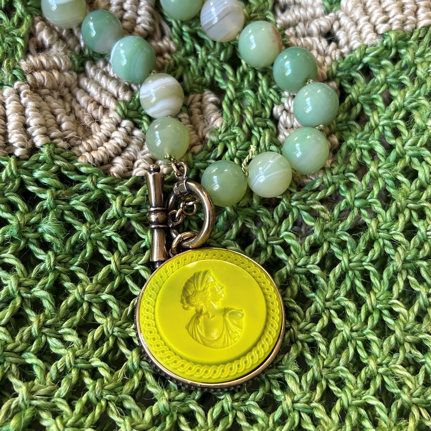 Acid Green Intaglio with New Jade Beads Necklace