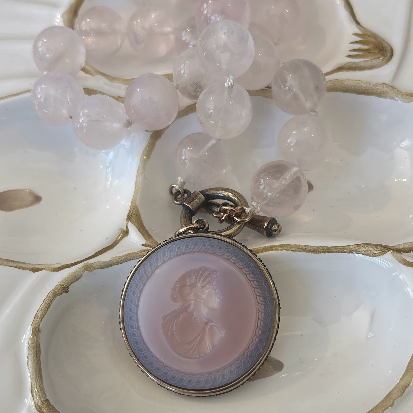 Opal Pink Glass Intaglio with Rose Quartz Beads Necklace