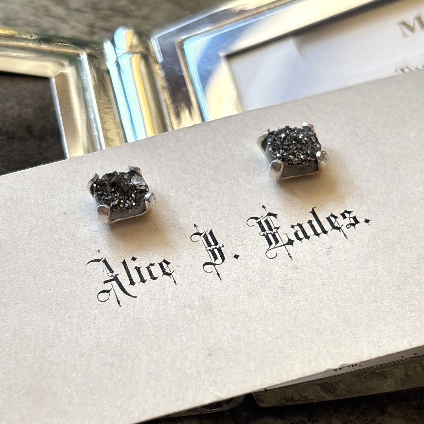 Small Four Prong Earrings, Black Druzy, Silver Prong & Post